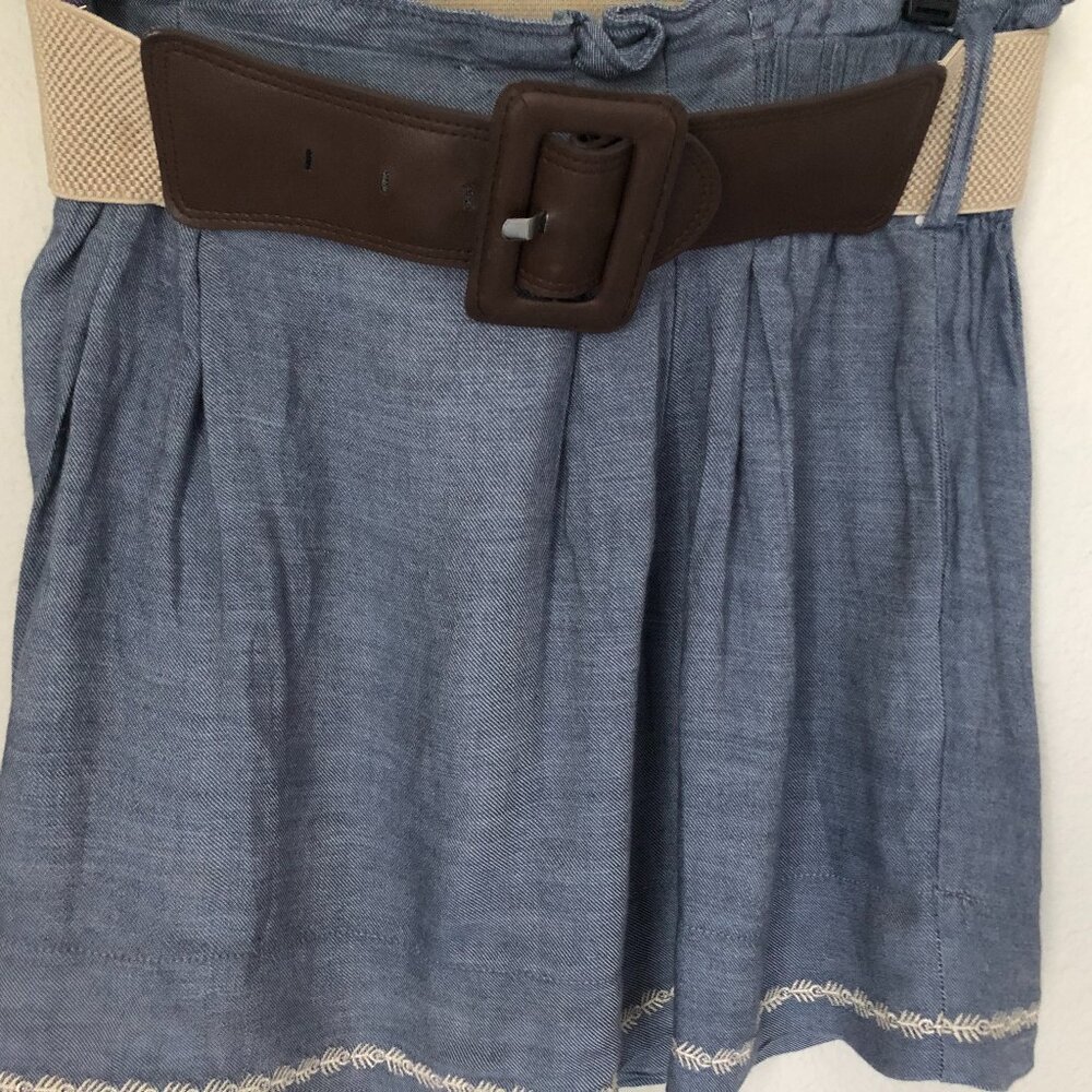 Hazel Denim Look Belted Skirt w/ Embroidery
